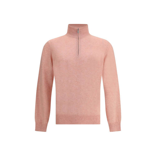 Brunello Cucinelli Multicolor Cashmere Sweatshirt with high collar and zipper, elegant and functional design, pink monochrome pattern.