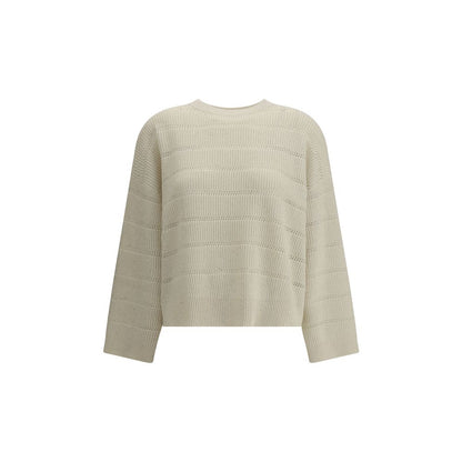 Brunello Cucinelli White Cashmere Cashmere Sweater with crew neck and wide sleeves, made of ribbed knit for elegance.