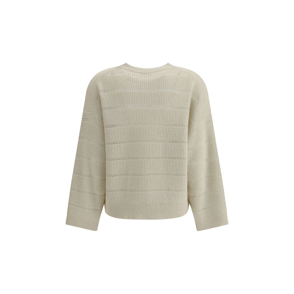 Brunello Cucinelli White Cashmere Cashmere Sweater with ribbed knit, crew neck and wide sleeves, showcasing luxury fashion design.
