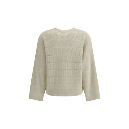 Brunello Cucinelli White Cashmere Cashmere Sweater with ribbed knit, crew neck and wide sleeves, showcasing luxury fashion design.