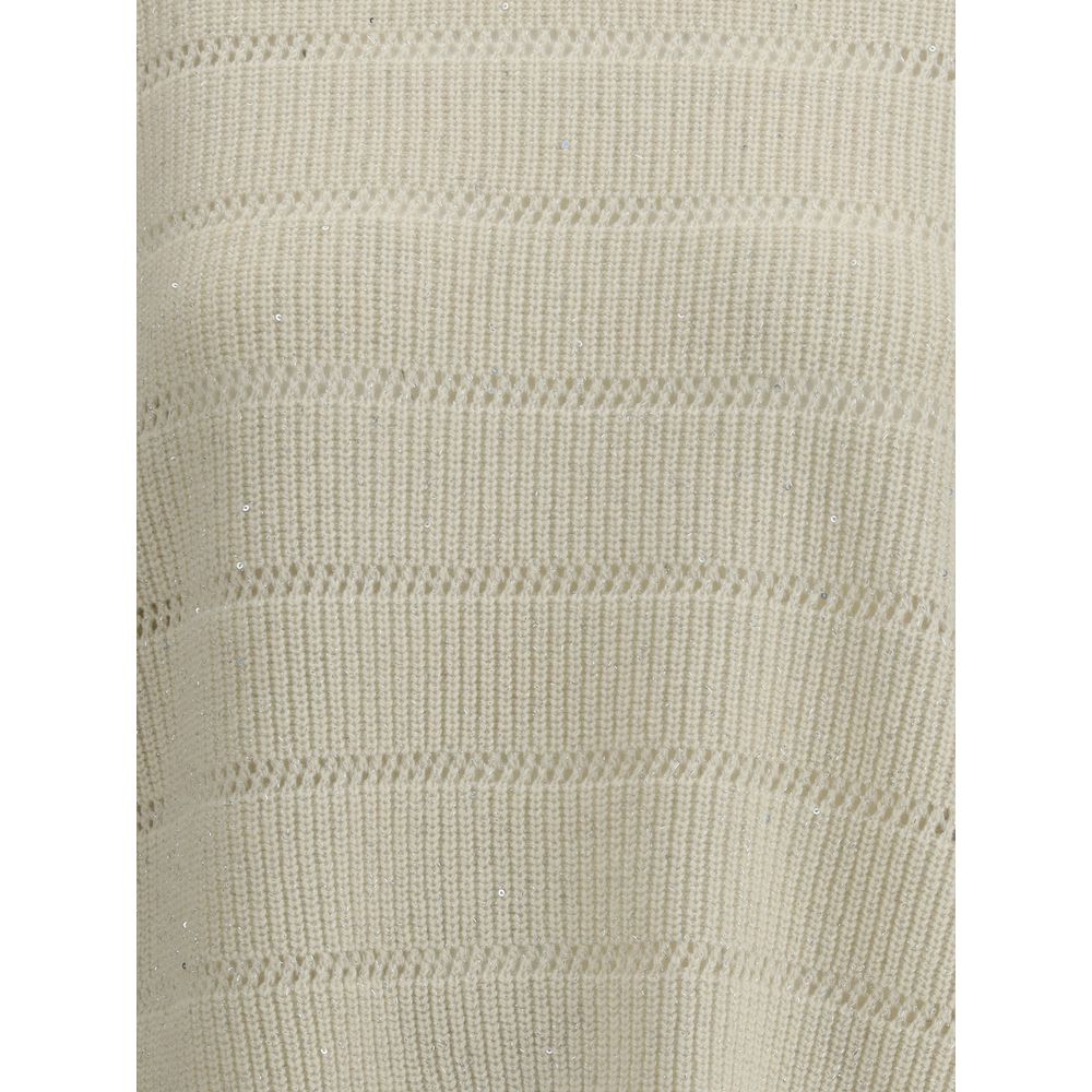 Close-up of Brunello Cucinelli White Cashmere Cashmere Sweater showing ribbed knit texture.