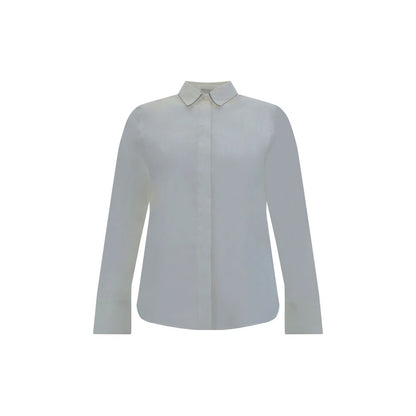 Brunello Cucinelli White Cotton Dress Shirt with classic collar and jewel embellishments showcasing elegant monochrome design.