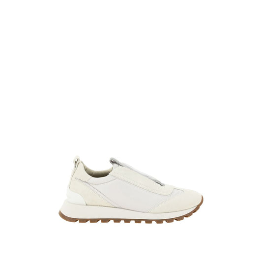 Brunello Cucinelli White Rubber Low Top Sneakers with knurled sole, suede, and jewel embellishments, slip-on design, AW25 collection.