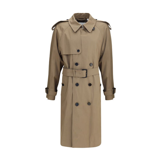 Burberry Beige Cotton Trench Coat with double-breasted button closure and belt featuring a B-shaped buckle.