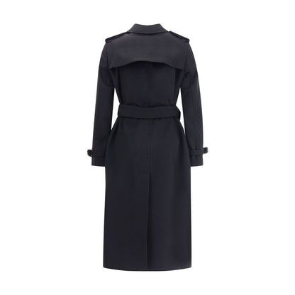 Back view of Burberry Black Cashmere Coat with belt and epaulettes, showcasing iconic styling and structured design.