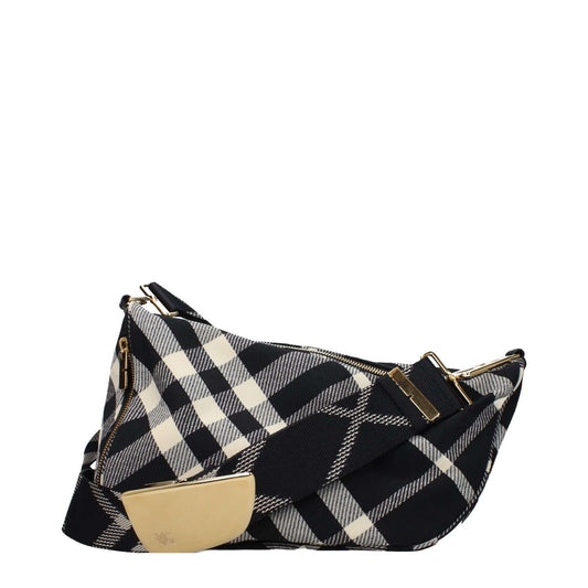 Burberry Black Fabric Crossbody Bag with check print pattern, adjustable shoulder strap, zip closure, and two external pockets.