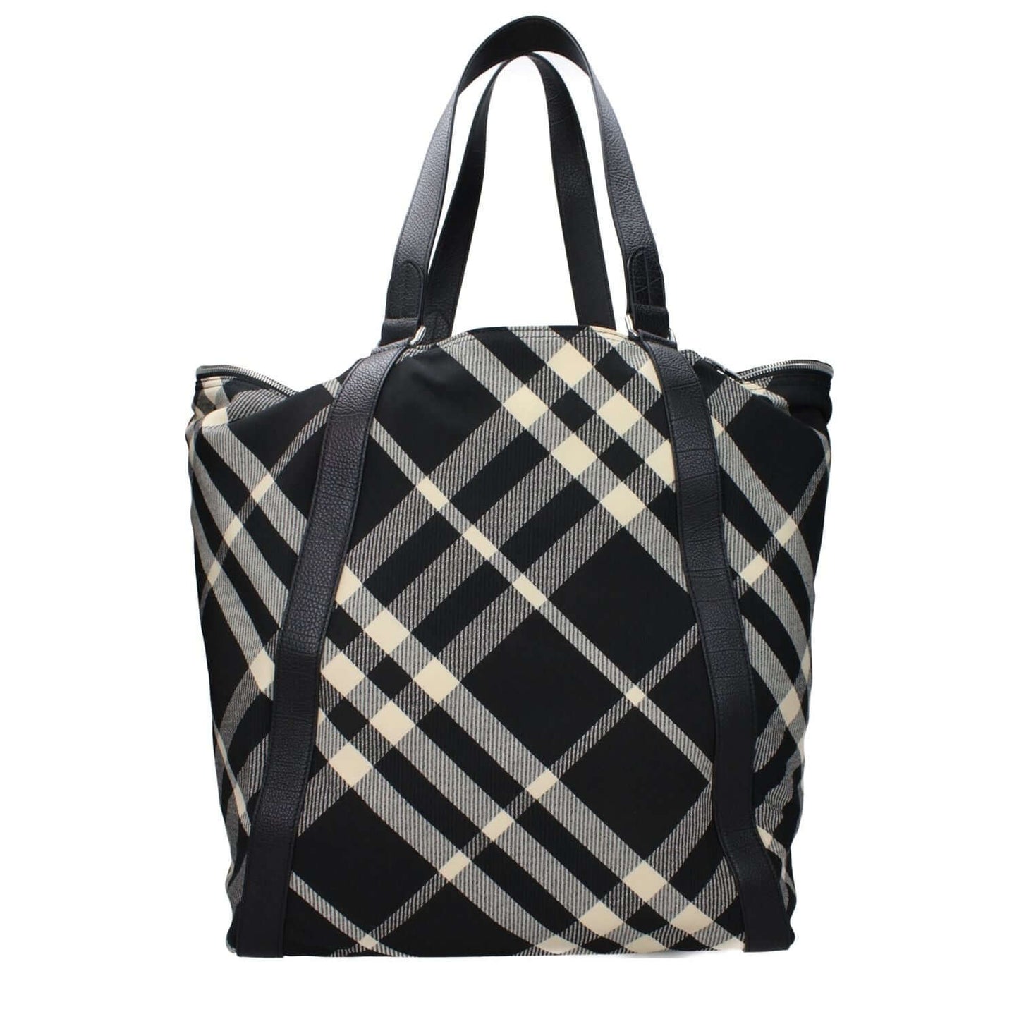 Burberry Black Fabric Shoulder Bag with check print, maxi size, silver details, and external pockets, perfect for casual style.
