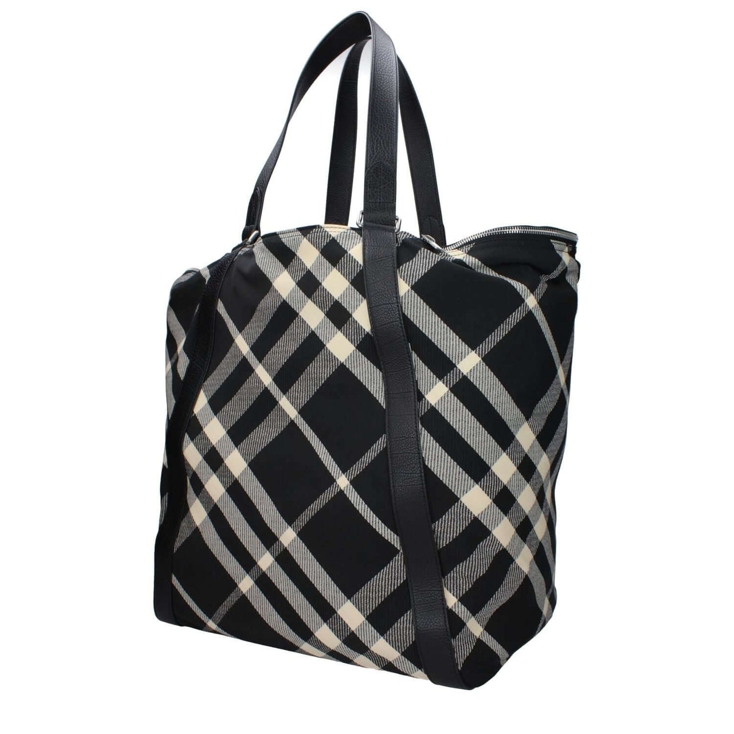 Burberry Black Fabric Shoulder Bag with silver accents, check print design, maxi size, and adjustable handles.