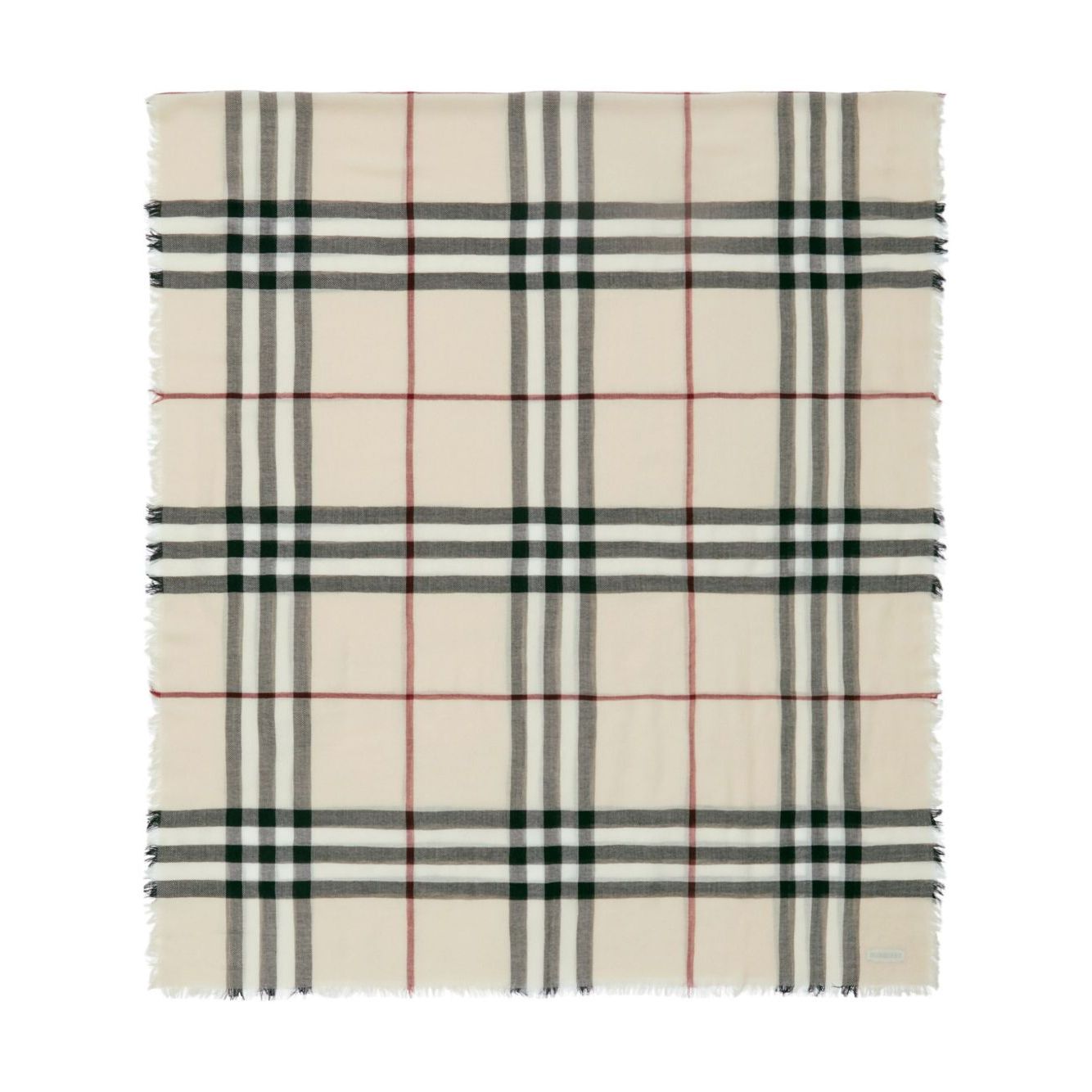 Burberry Check wool scarf in beige with house check pattern, raw-cut edges, and logo tag, 200cm x 90cm size.