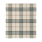 Burberry Check wool scarf in beige with house check pattern, raw-cut edges, and logo tag, 200cm x 90cm size.