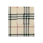 Burberry Check wool scarf in beige with house check pattern, raw-cut edges, and logo tag, measuring 200x90cm.