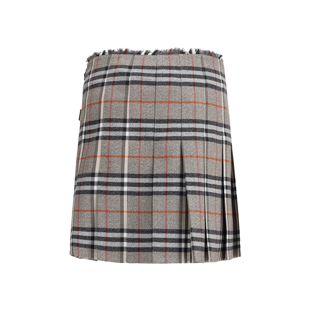 Burberry Gray Wool Mini Skirt with check pattern, pleats, leather straps, and B-shaped buckle, showcasing elegance and style.