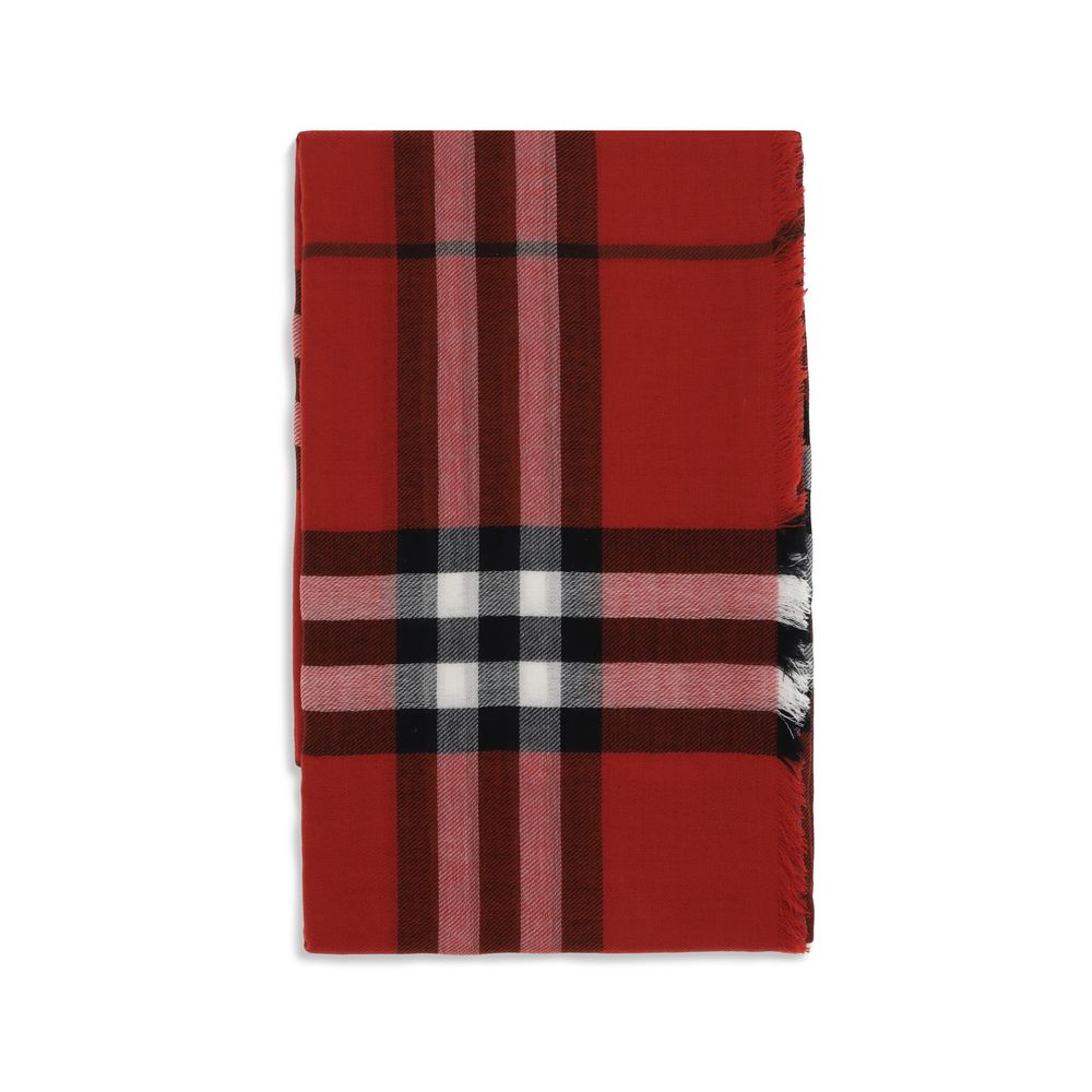 Burberry Red Wool Scarf with iconic Check pattern, lightweight, soft wool, made in Italy, elegant rectangle scarf, SS26 collection.