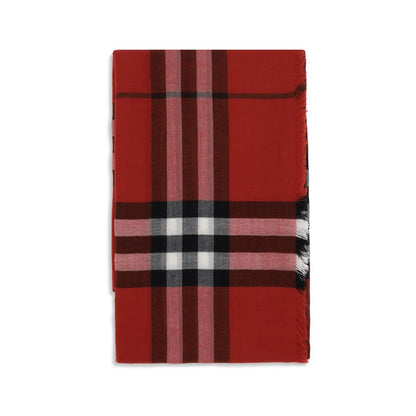 Burberry Red Wool Scarf with iconic Check pattern, lightweight, soft wool, made in Italy, elegant rectangle scarf, SS26 collection.