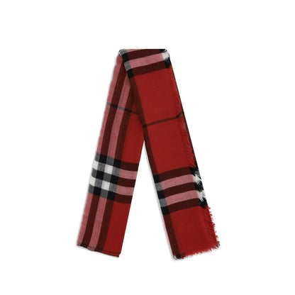 Burberry Red Wool Scarf with iconic check pattern, lightweight and elegant, ideal for versatile everyday wear, 100% wool.