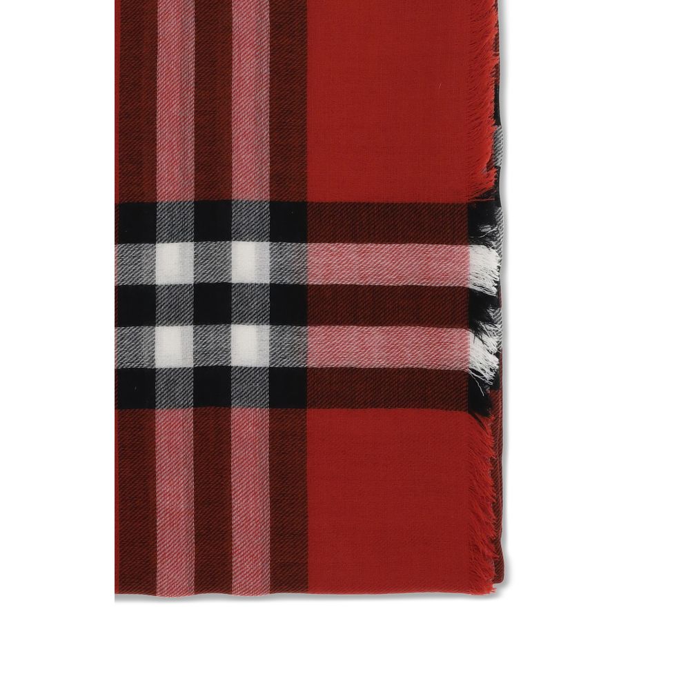 Burberry Red Wool Scarf with iconic Check pattern and fringe edges, made in Italy, 100% wool, elegant and versatile accessory.