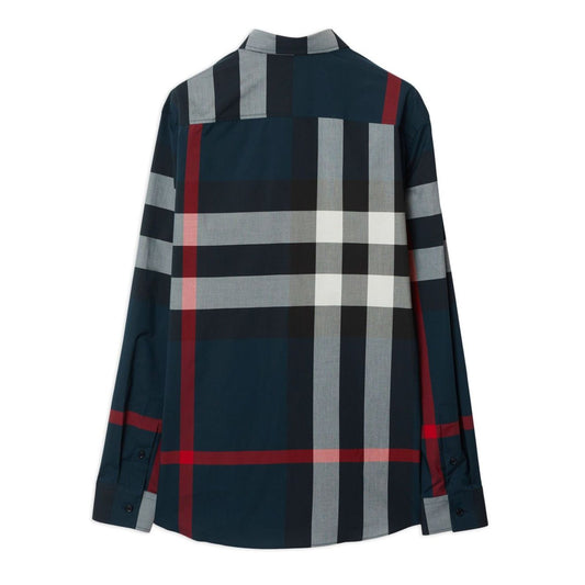 Back view of Burberry Summerton Shirt in black and multicolour cotton check pattern with long sleeves and buttoned cuffs.