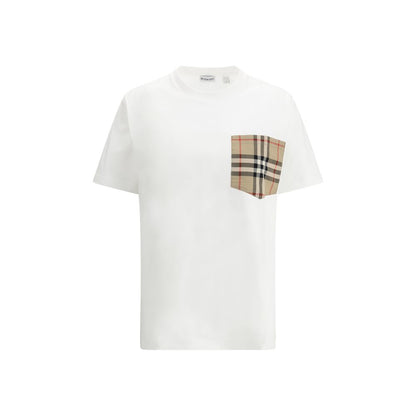 Burberry White Cotton T-Shirt with Archive Check pocket and monochrome pattern, ribbed crew neck, 100% cotton, oversized fit.