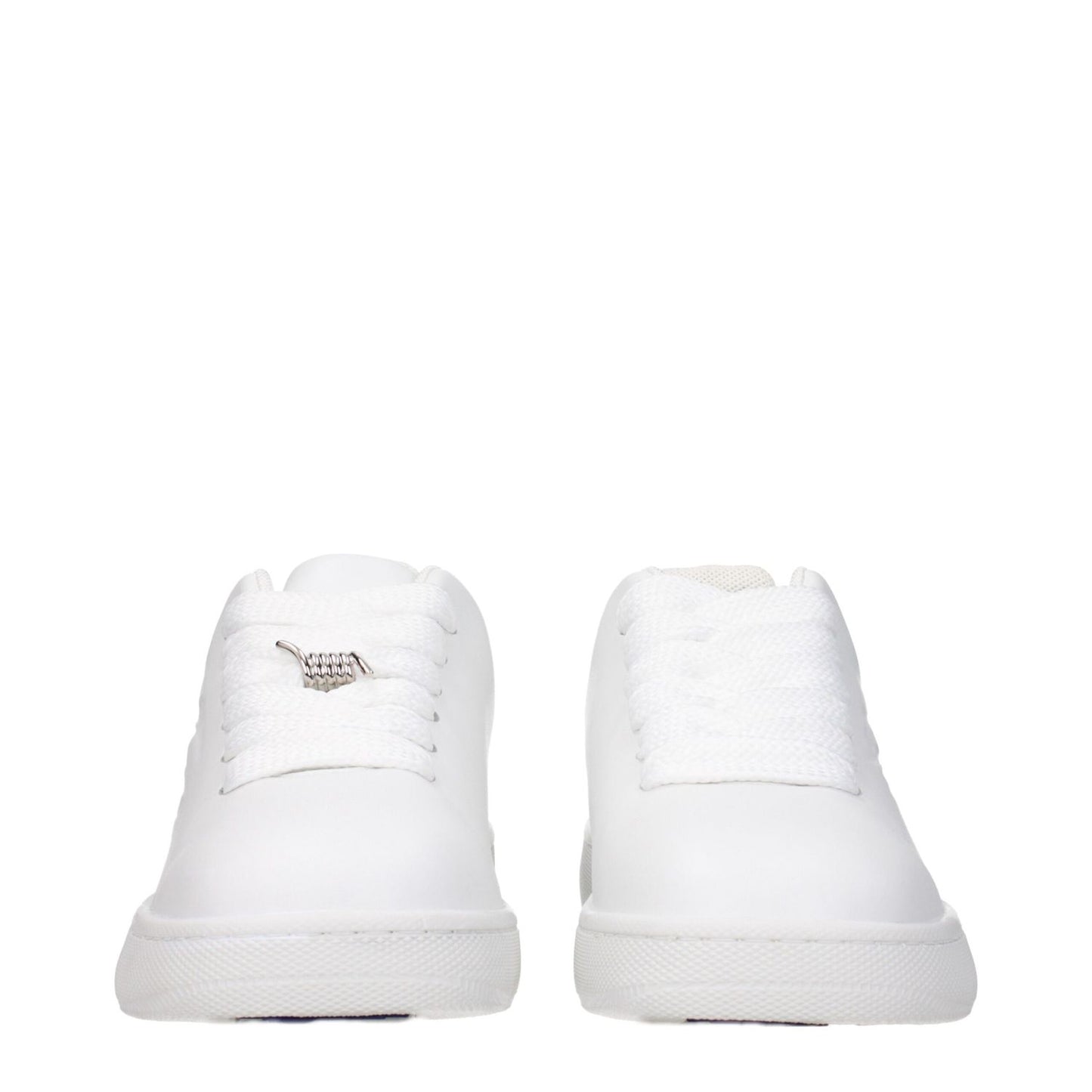 Front view of Burberry White Leather Low Top Sneakers with lace-up design and rubber sole.
