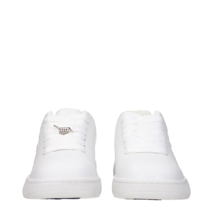 Front view of Burberry White Leather Low Top Sneakers with lace-up design and rubber sole.