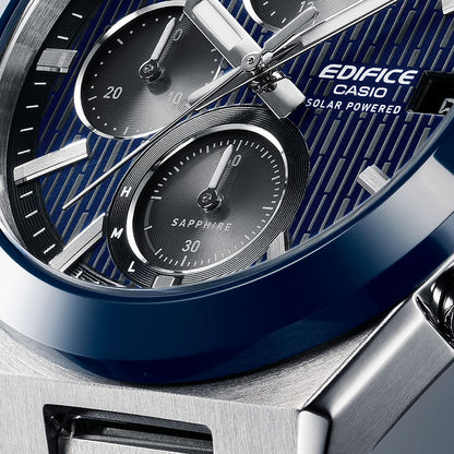 Close-up of CASIO EDIFICE Mod. SOLAR POWERED CHRONOGRAPH - BLUE watch face, highlighting chronograph details and stainless steel casing.