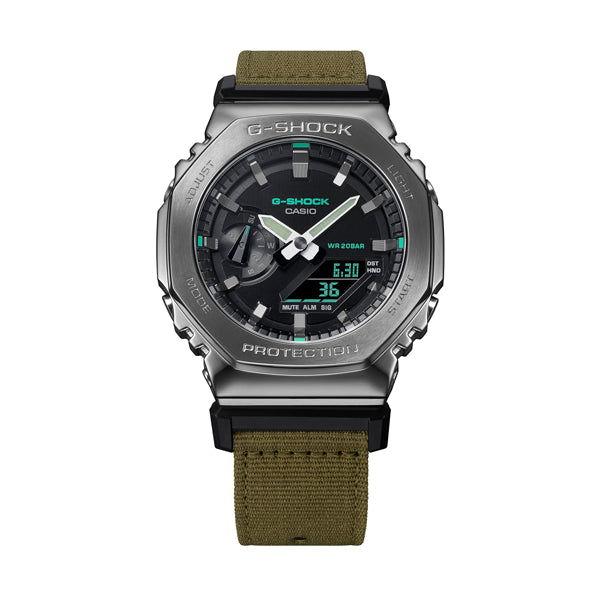 CASIO G-SHOCK Mod. OAK METAL COVERED - UTILITY SERIE KHAKI GREEN wristwatch with 20 ATM water resistance and multifunction Quartz movement.