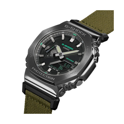 CASIO G-SHOCK Mod. OAK METAL COVERED - UTILITY SERIE KHAKI GREEN wristwatch with fabric strap and multifunction features.