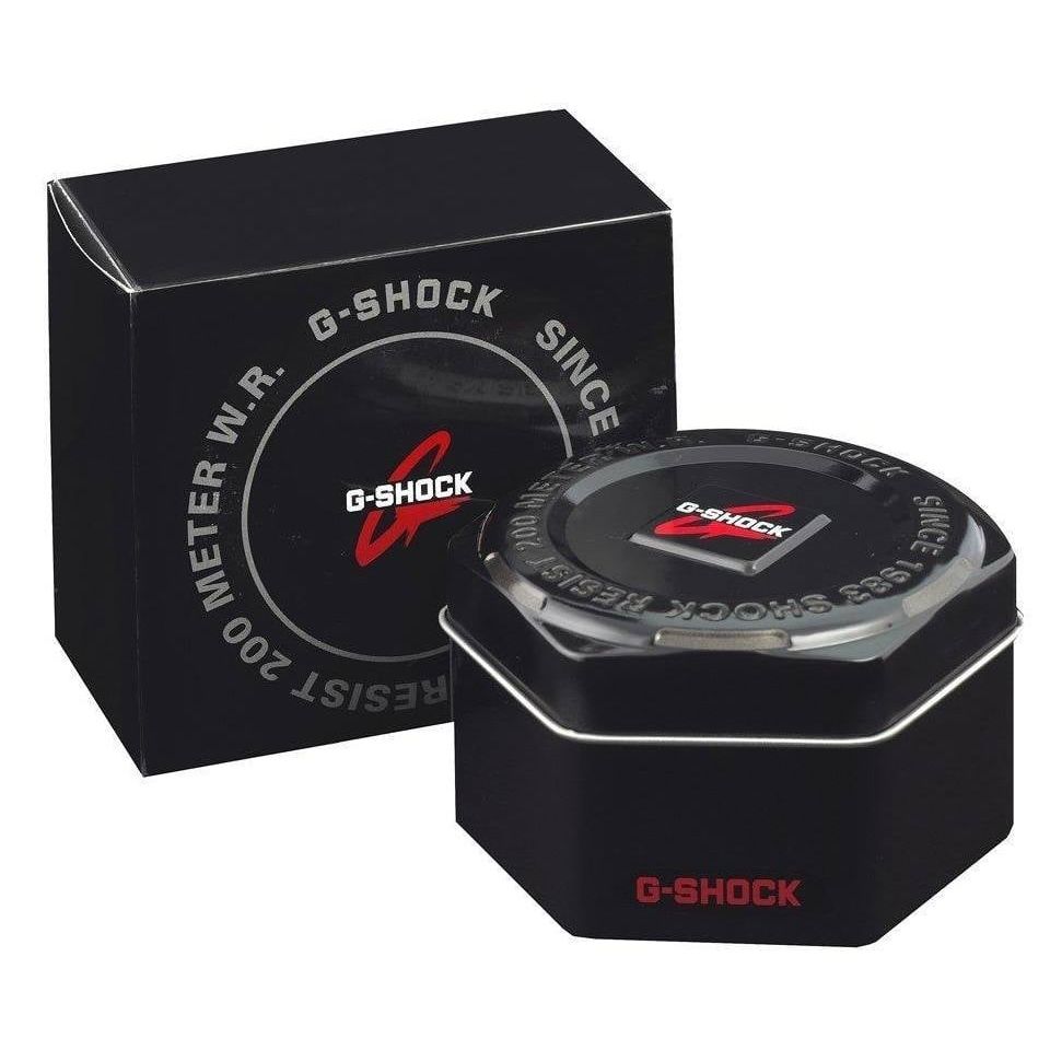 Official packaging for CASIO G-SHOCK WATCHES Mod. GST-B100D-1AER in black box with G-SHOCK logo.