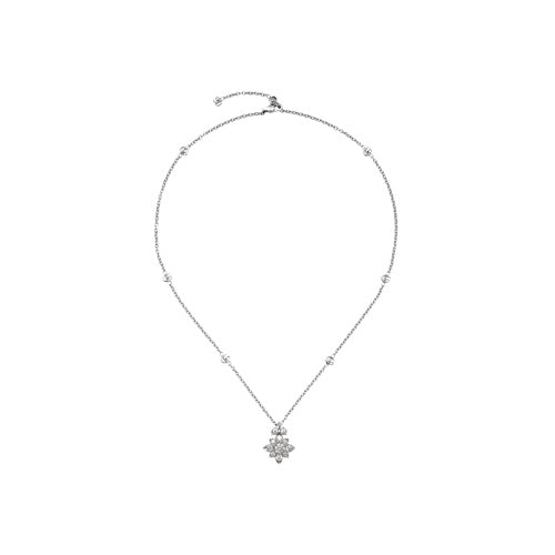 Silver necklace featuring a unique pendant design, named "COLLANE GUCCI MOD. YBB703649001", displayed on a white background.