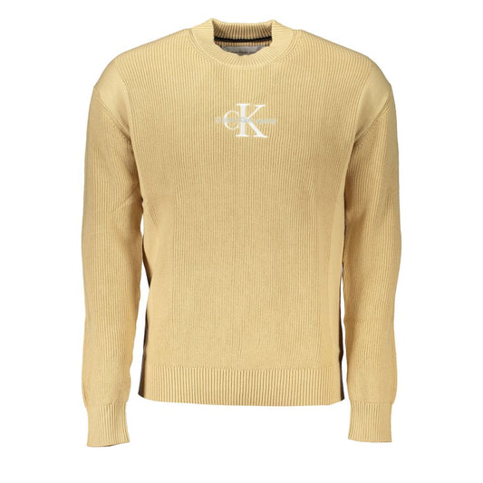 Calvin Klein Beige Cotton Sweater with long sleeves, crew neck, contrast details, and embroidered logo, made from 95% transitional cotton.
