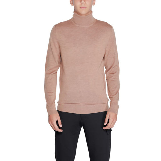 Calvin Klein Beige Wool Turtleneck, men's fashion, elegant merino wool sweater for versatile winter wear.