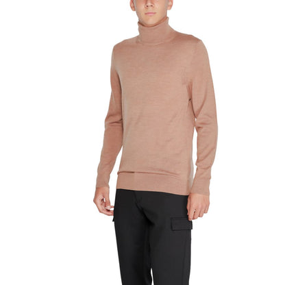 Calvin Klein Beige Wool Turtleneck - men's elegant, refined Merino wool sweater for winter wardrobe, formal or casual occasions.