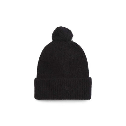 Calvin Klein Black Alpaca Leather Cap (Baseball Hat) - black beanie featuring pompom, elegant winter accessory, alpaca blend for warmth.