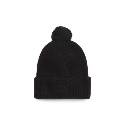 Calvin Klein Black Alpaca Leather Cap (Baseball Hat) - black beanie featuring pompom, elegant winter accessory, alpaca blend for warmth.
