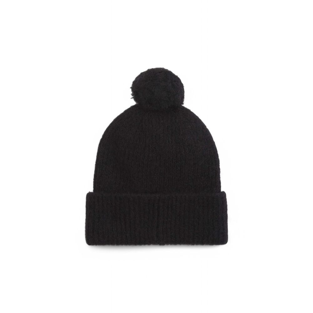 Calvin Klein Black Alpaca Leather Cap (Baseball Hat) with pompom, elegant and warm beanie made of alpaca, polyester, wool, and elastane.