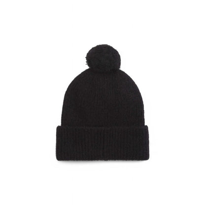 Calvin Klein Black Alpaca Leather Cap (Baseball Hat) with pompom, elegant and warm beanie made of alpaca, polyester, wool, and elastane.