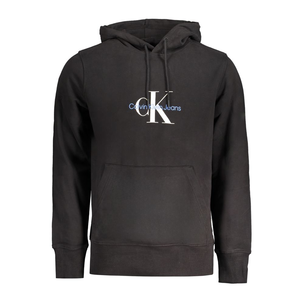 Calvin Klein Black Cotton Men Sweater Hoodie with logo print, central pocket, long sleeves, and hood. Stylish and comfortable choice.