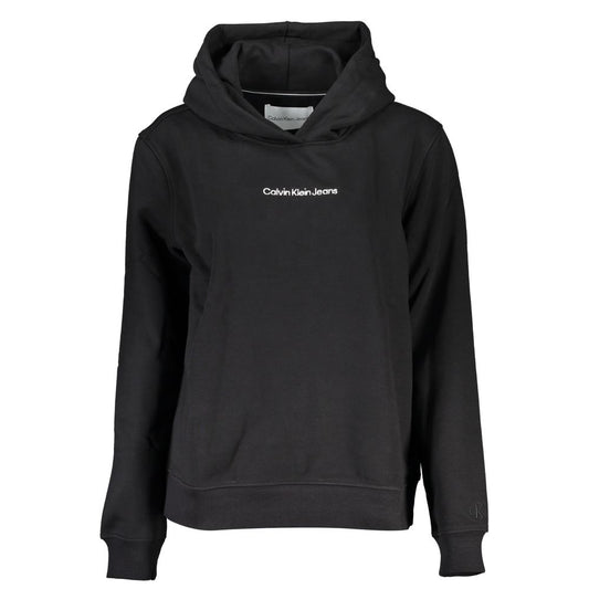 Calvin Klein Black Cotton Sweatshirt with hood, long sleeves, fleece, embroidery, and logo, perfect transitional wear.