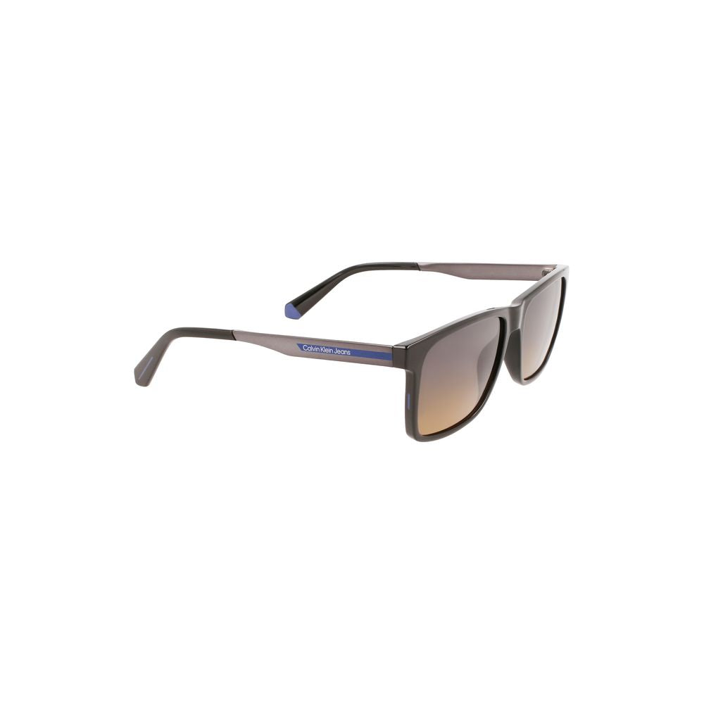 Calvin Klein Black Plastic Men Sunglass with square frame and brown lenses, showcasing timeless style and sophistication.