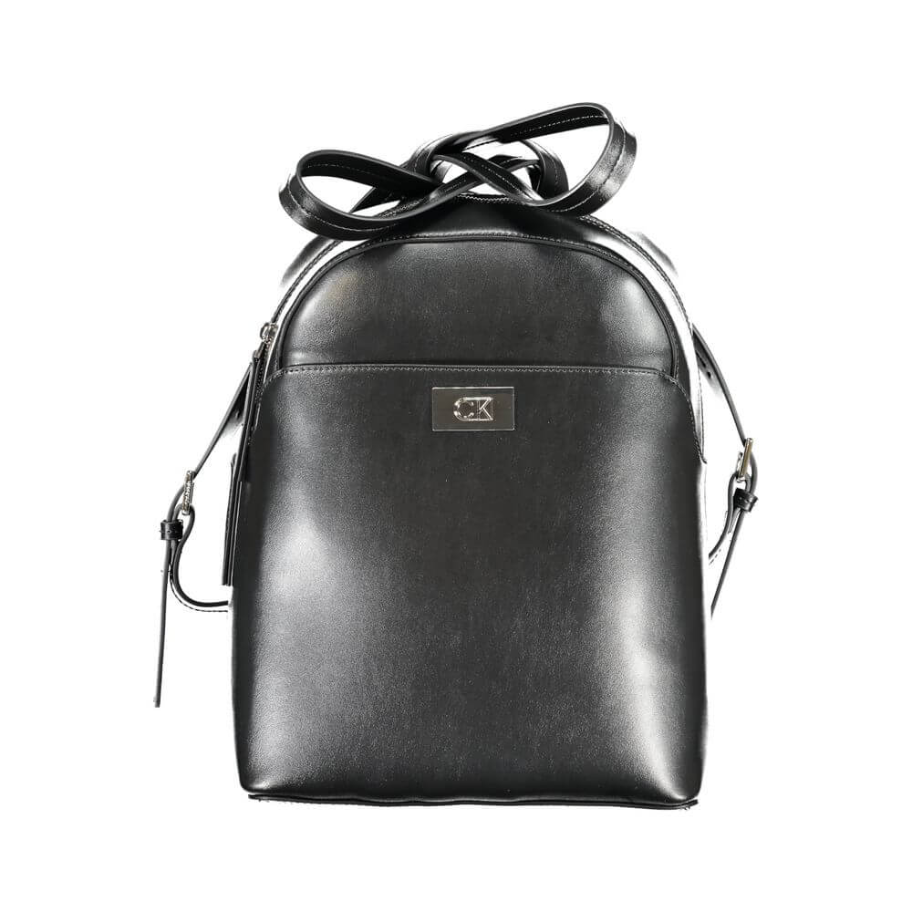 Calvin Klein Black Polyester Backpack with adjustable straps, external and internal pockets, zip closure, and logo detailing.