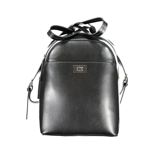 Calvin Klein Black Polyester Backpack with adjustable straps, external and internal pockets, zip closure, and logo detailing.