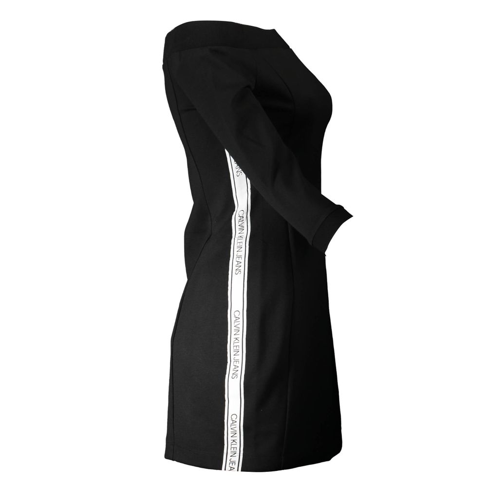 Calvin Klein Black Polyester Dress with 3/4 sleeves, off-shoulder neckline, contrasting details, and logo design.