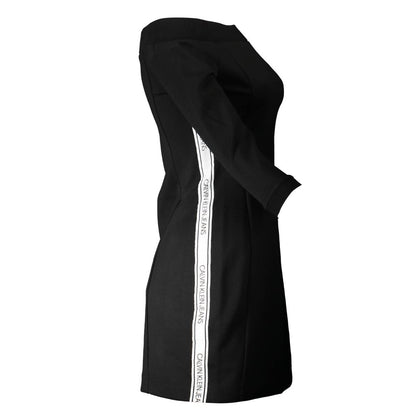 Calvin Klein Black Polyester Dress with 3/4 sleeves, off-shoulder neckline, contrasting details, and logo design.