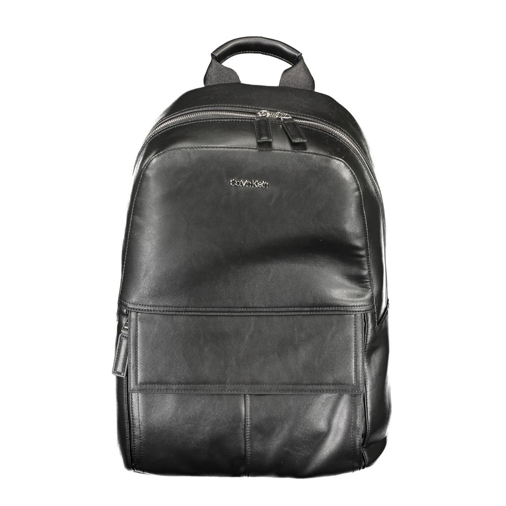 Calvin Klein Black Polyester Men Backpack with sleek design, adjustable straps, laptop compartment, and multiple pockets.