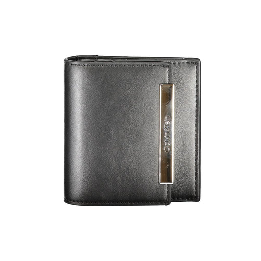 Calvin Klein Black Polyester Wallet with RFID block, external pocket, card spaces, zip, automatic closure, metallic logo detail.