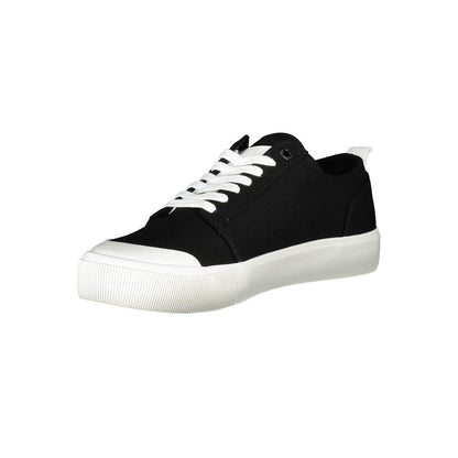 Calvin Klein Black Recycled Material Men Sneaker featuring bold black color and white sole, crafted sustainably with recycled materials.