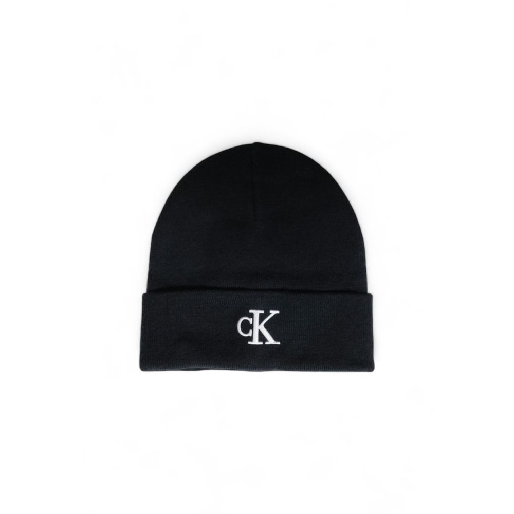 Calvin Klein Black Recycled Polyester Caps Baseball Hat - stylish black beanie with embroidered CK logo, sustainable fashion accessory.