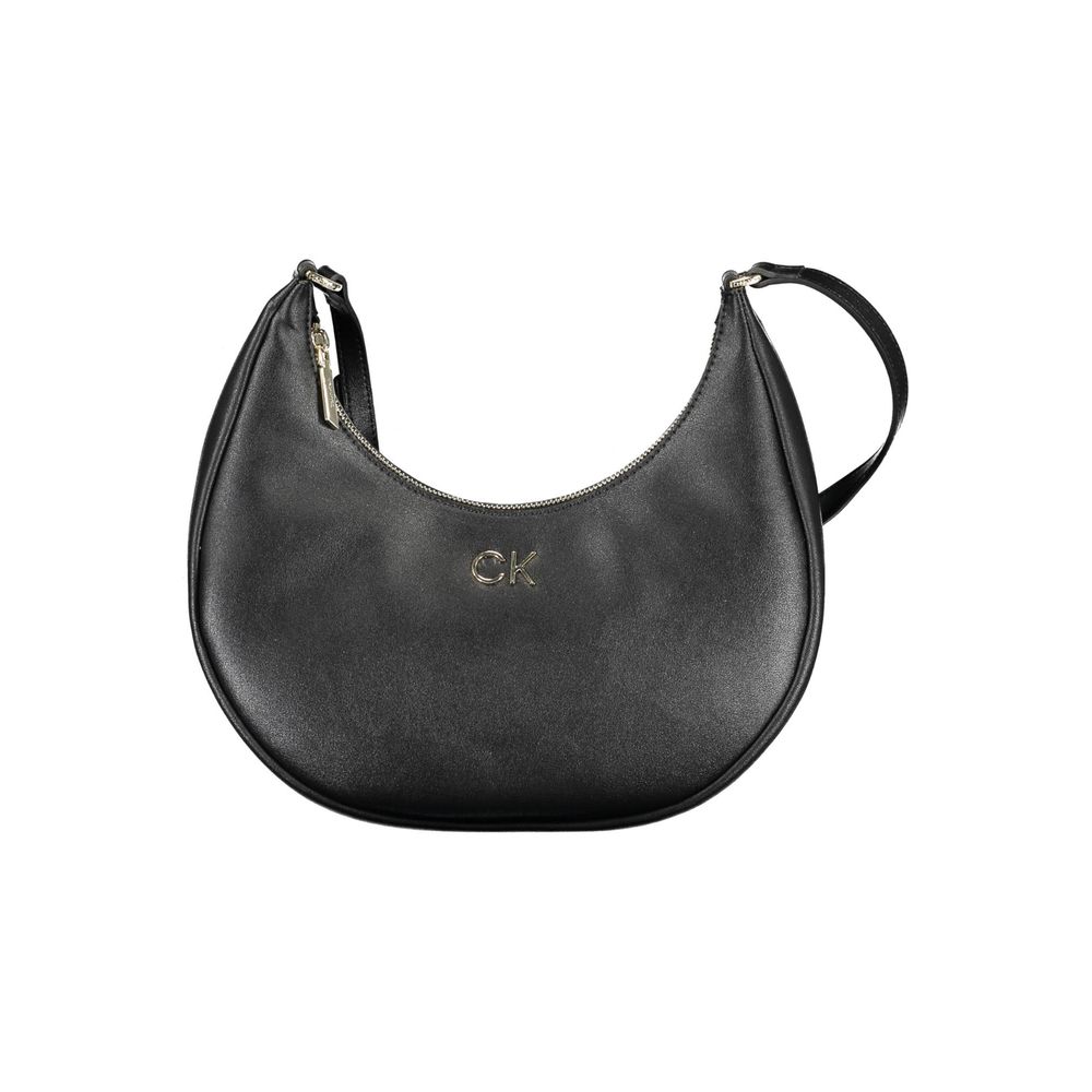 Calvin Klein Black Recycled Polyester Women Handbag with logo and adjustable shoulder strap, showcasing sustainable fashion.