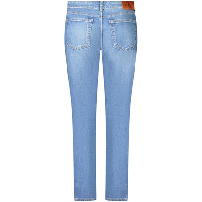 Back view of Calvin Klein Blue Cotton Women's Slim Jean in washed blue with logo patch