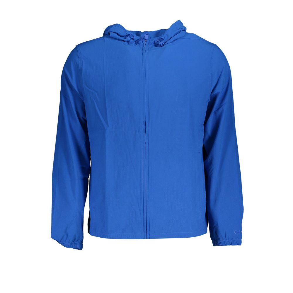 Calvin Klein Blue Polyester Men's Sport Jacket with hood and zipper, showcasing a sleek design for modern men.
